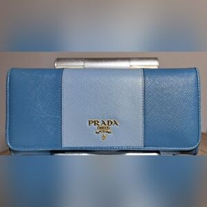 Prada Front Double Snap Blue Saffiano Leather Wallet